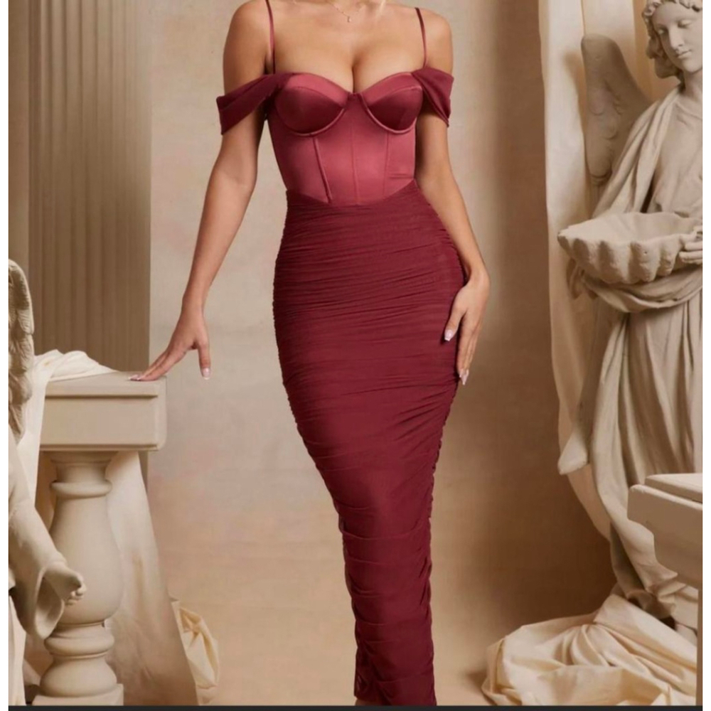 Women's Oh Polly Red Ruched Corset Midi Dress Size 4